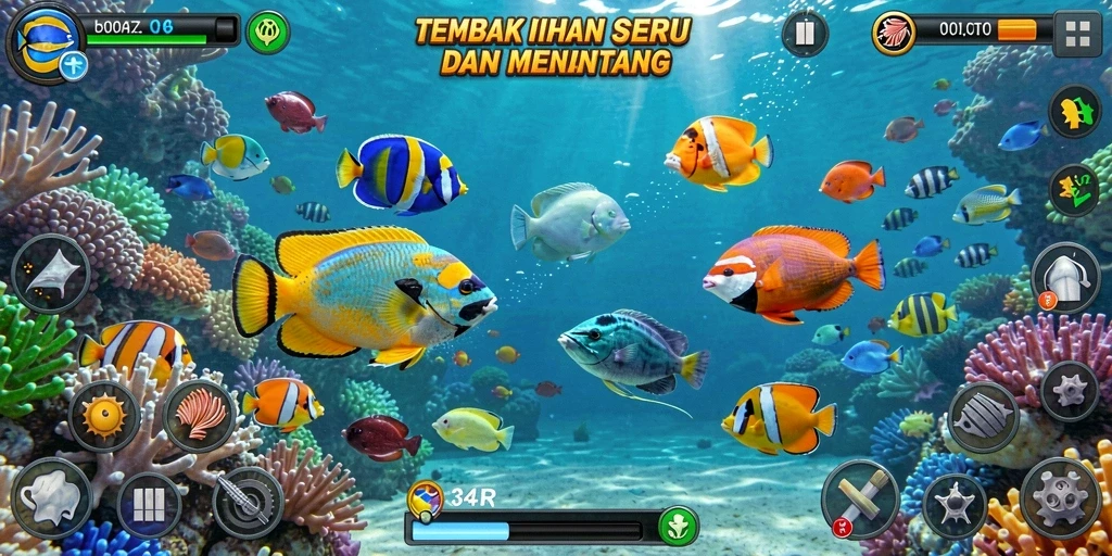 Screenshot gameplay 34R menampilkan aksi menembak ikan yang seru.