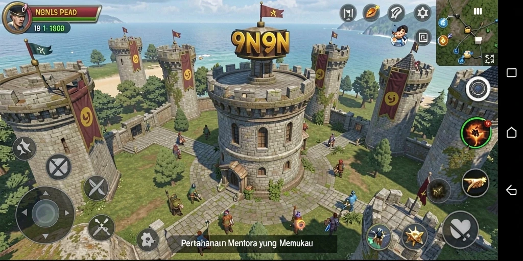 Tangkapan layar gameplay 9N9N yang menunjukkan pertarungan Tower Defense.