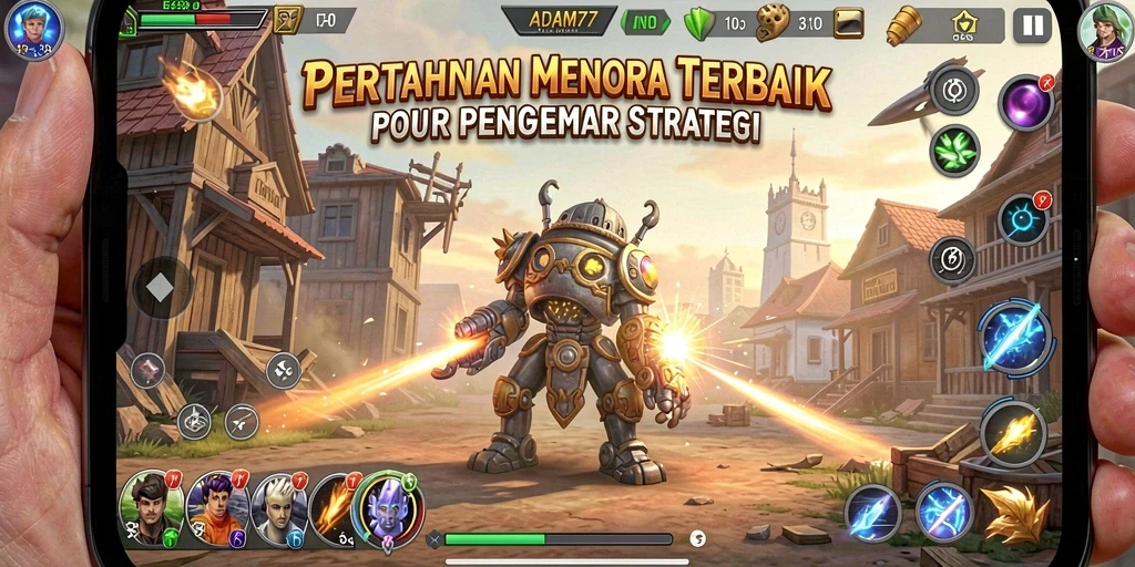 Screenshot gameplay ADAM77 menampilkan aksi seru dalam game Tower Defense.