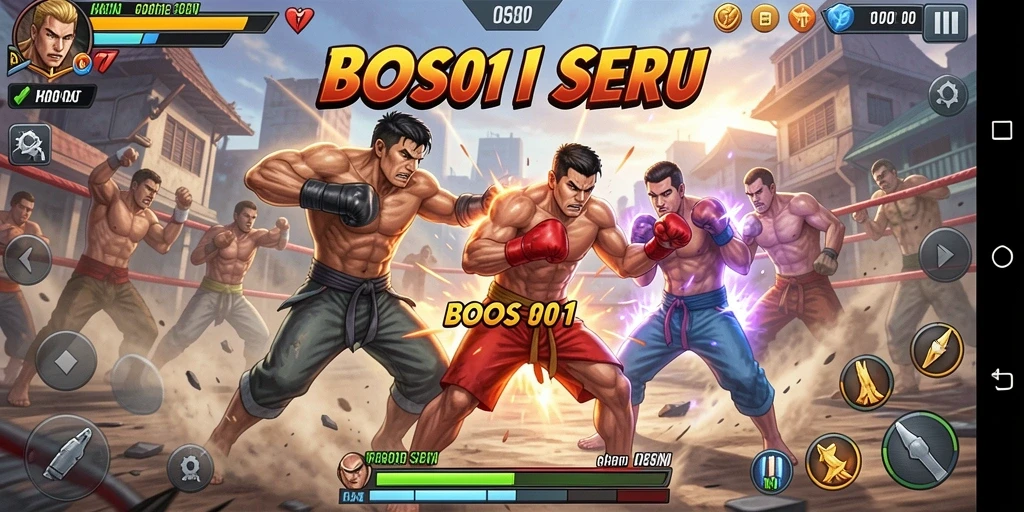 Screenshot gameplay BOS01 menampilkan pertarungan yang intens dan karakter yang keren.