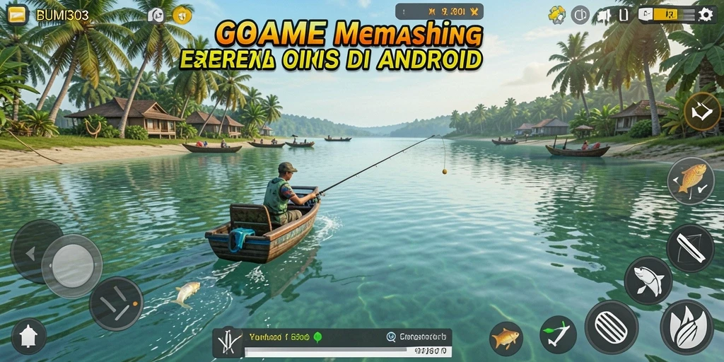 Screenshot gameplay BUMI303 menampilkan aksi memancing yang seru.