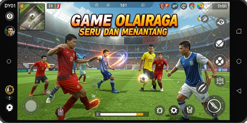 Screenshot utama DY01 menunjukkan aksi seru dalam pertandingan olahraga.