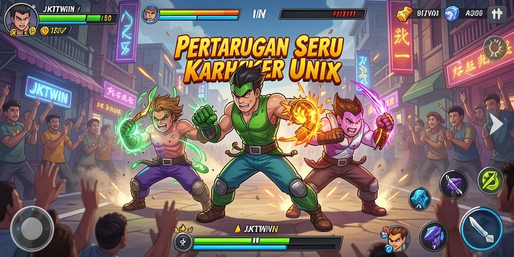 Screenshot menunjukkan pertarungan seru dalam JKTWIN dengan grafis yang memukau.