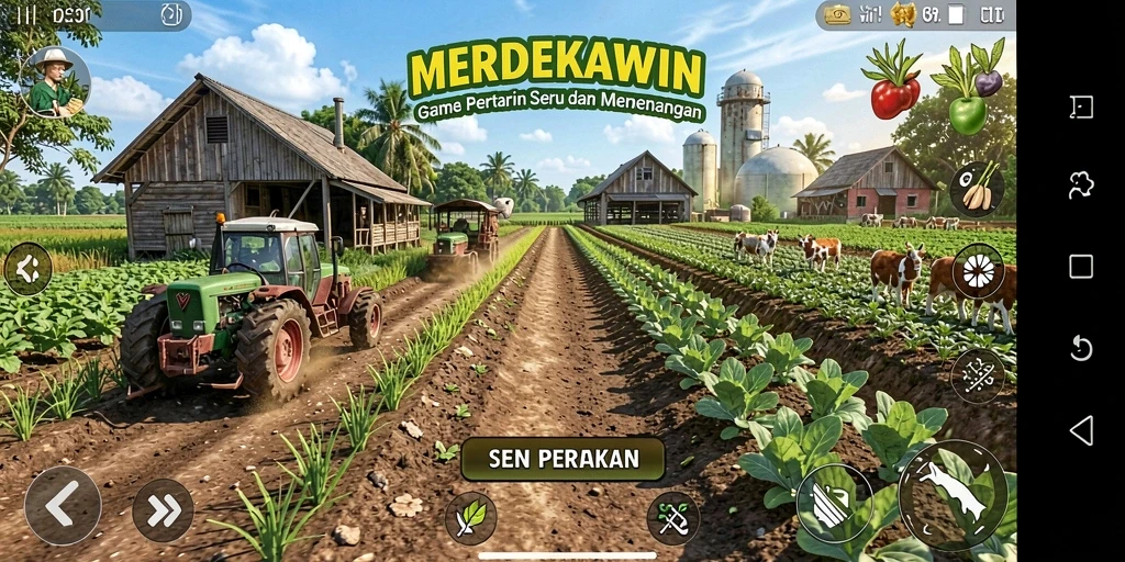 Tangkapan layar dari gameplay <strong>MERDEKAWIN</strong> yang menampilkan ladang yang indah.