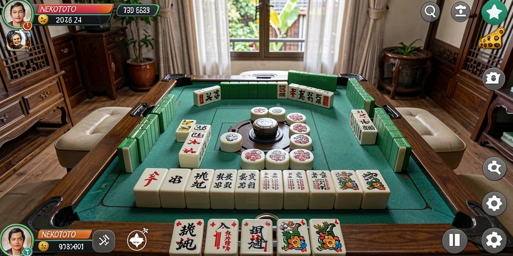 Tangkapan layar gameplay <strong>NEKOTOTO</strong> yang menunjukkan keindahan ubin Mahjong.
