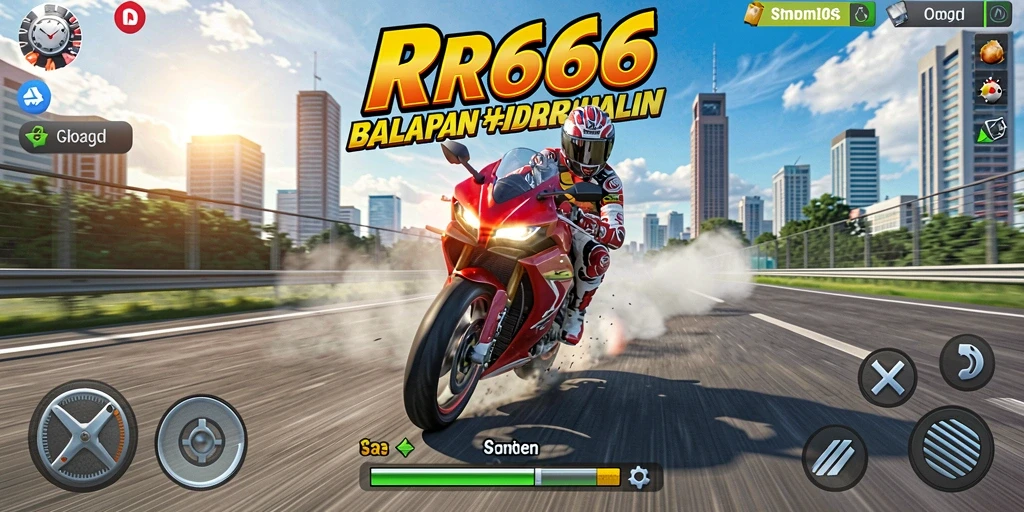 Screenshot utama menampilkan aksi balapan motor yang mendebarkan.