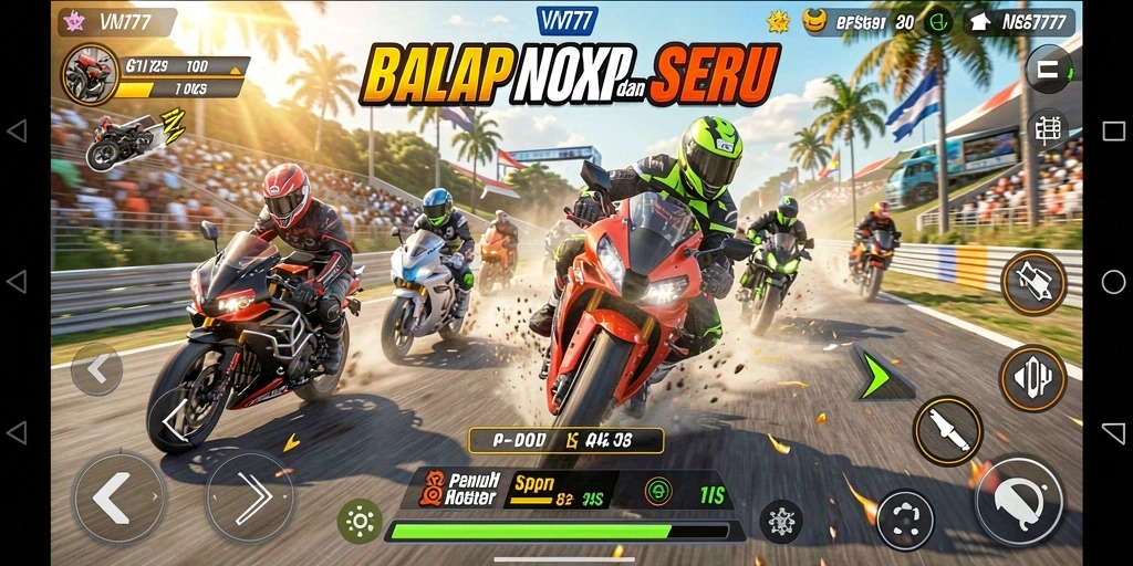 Screenshot gameplay VM777 dengan balapan motor yang mendebarkan.